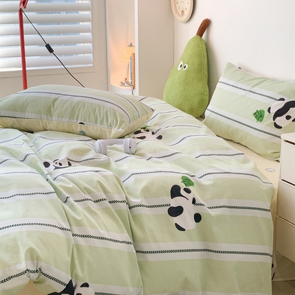 91家纺网 家纺一手货源 找家纺 昔可家纺 2024新款潮趣卡通系列全棉四件套 绿条熊猫