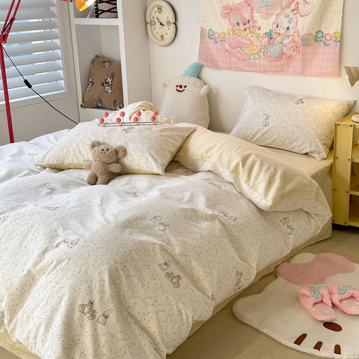 91家纺网 家纺一手货源 找家纺 昔可家纺 2024新款小清新系列全棉四件套 花枝兔