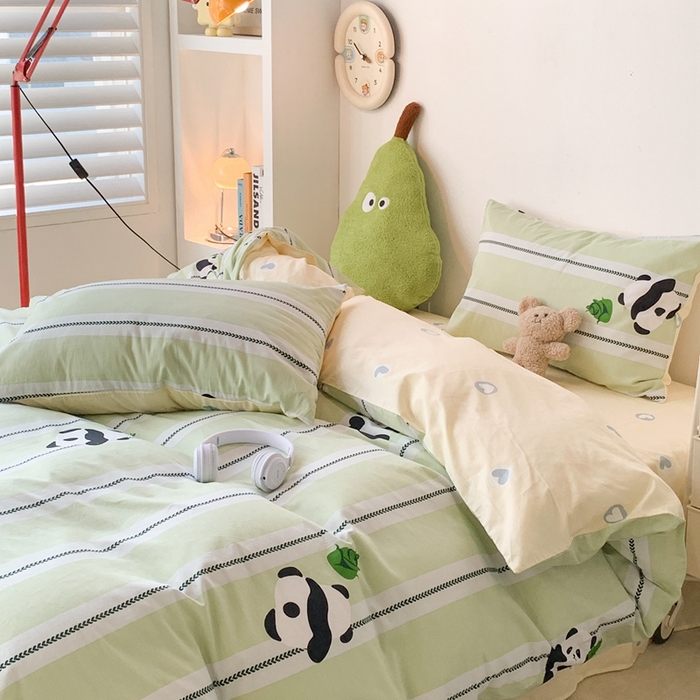 91家纺网 家纺一手货源 找家纺 昔可家纺 2024新款潮趣卡通系列全棉四件套 绿条熊猫