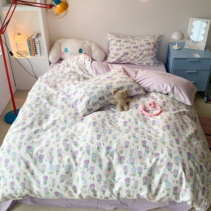 91家纺网 家纺一手货源 找家纺 昔可家纺 2024新款小清新系列全棉四件套 小郁金香猫猫