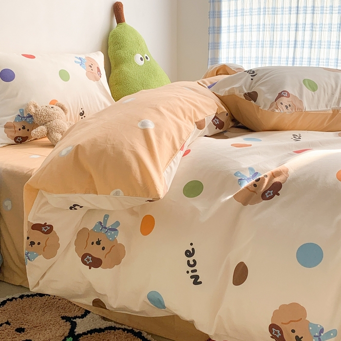 91家纺网 家纺一手货源 找家纺 昔可家纺 2023新款12月卡通全棉四件套 彩波点小狗