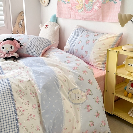 昔可家纺 2024新款小清新系列全棉四件套 蓝格蕾丝花