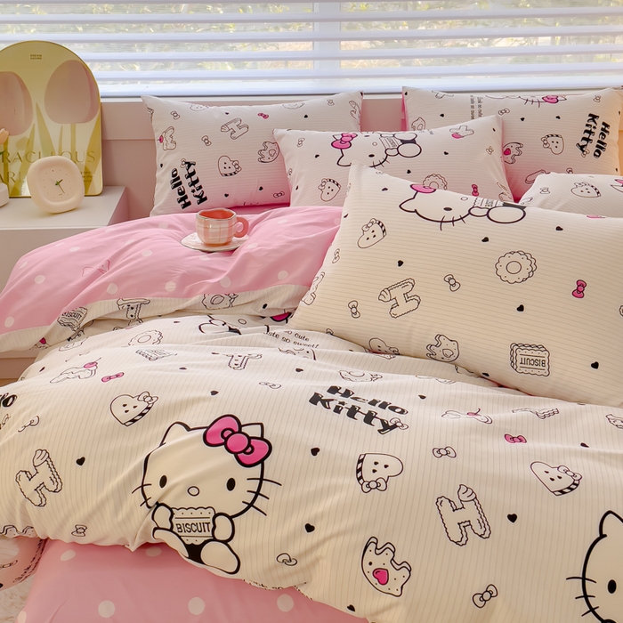 91家纺网 家纺一手货源 找家纺 金丝鸟 2024新款全棉四件套可爱卡通系列四件套 字母kt猫