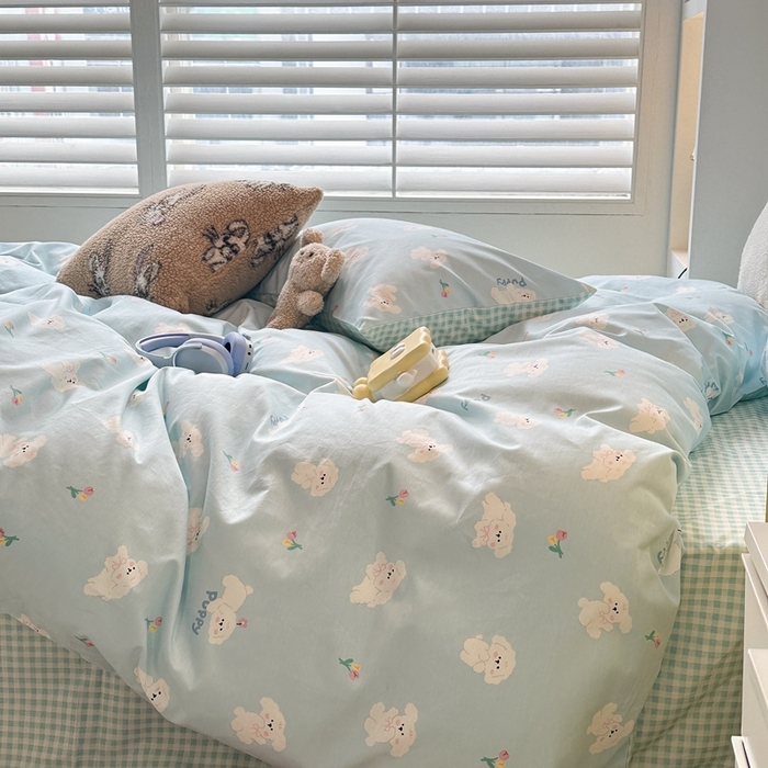 91家纺网 家纺一手货源 找家纺 昔可家纺 2024新款小清新系列全棉四件套 蓝底小奶狗