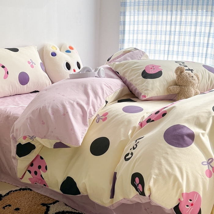 91家纺网 家纺一手货源 找家纺 昔可家纺 2024新款潮趣卡通系列全棉四件套 紫波点猫猫