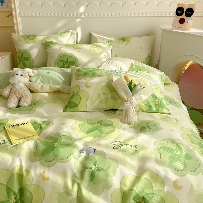 91家纺网 家纺一手货源 找家纺 简宜家居 2025新款40支13070全棉斜纹繁花系列四件套 绿影