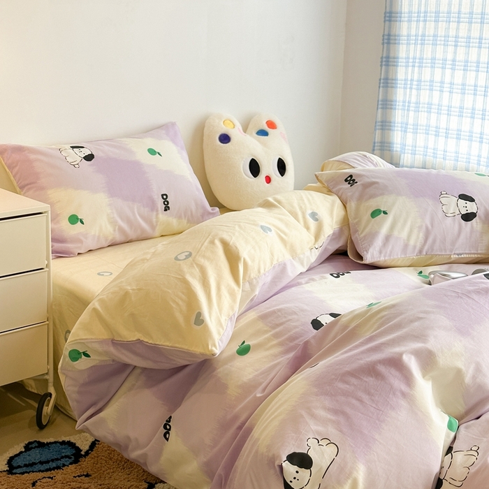 91家纺网 家纺一手货源 找家纺 昔可家纺 2024新款潮趣卡通系列全棉四件套 紫格苹果狗