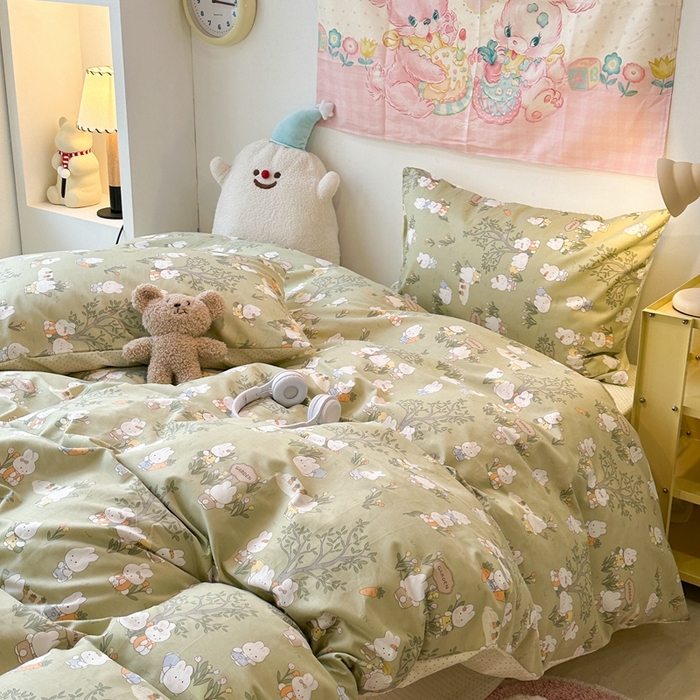 91家纺网 家纺一手货源 找家纺 昔可家纺 2024新款小清新系列全棉四件套 绿森林小兔