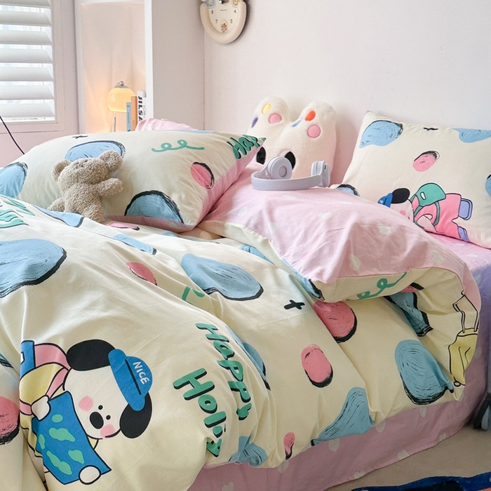 91家纺网 家纺一手货源 找家纺 昔可家纺 2024新款潮趣卡通系列全棉四件套 奶牛块狗狗