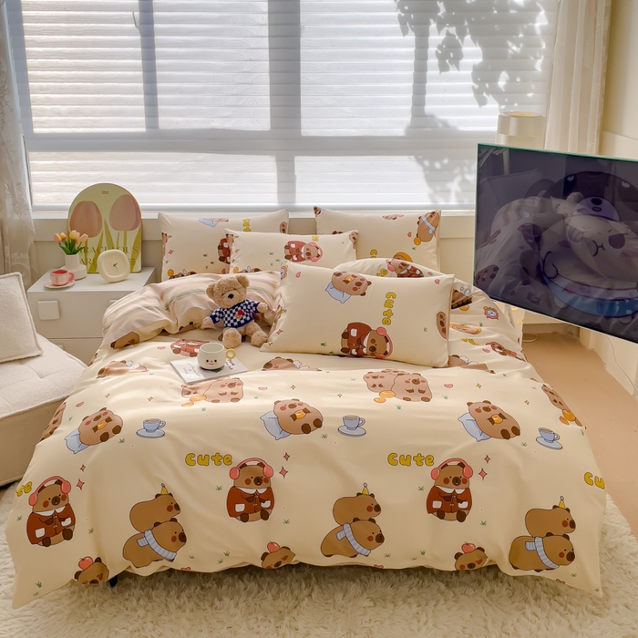 91家纺网 家纺一手货源 找家纺 金丝鸟 2024新款全棉四件套可爱卡通系列四件套 音乐皮卡