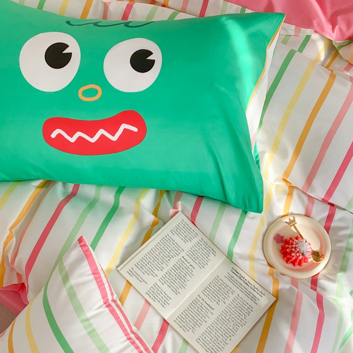 91家纺网 家纺一手货源 找家纺 澳萝拉 2024新款全棉条纹卡通大版四件套 彩虹糖