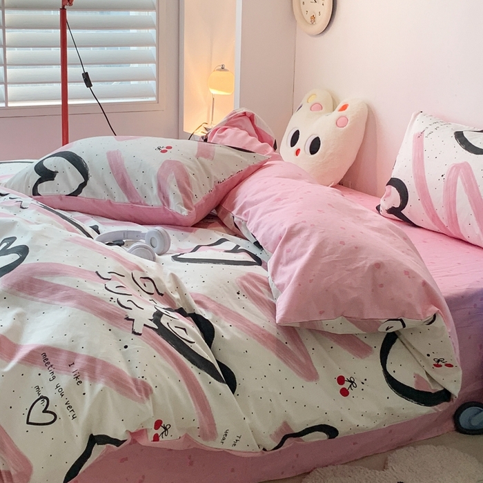 91家纺网 家纺一手货源 找家纺 昔可家纺 2024新款简约风全棉四件套 潮酷黑爱心