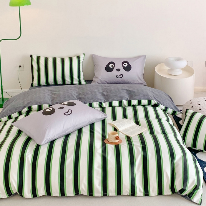 91家纺网 家纺一手货源 找家纺 澳萝拉 2024新款全棉条纹卡通大版四件套 熊猫条纹-绿