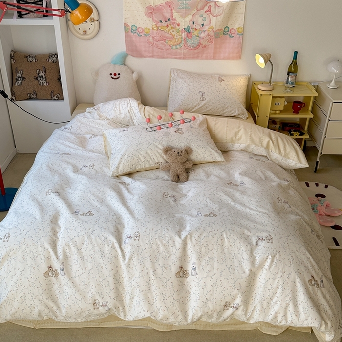 91家纺网 家纺一手货源 找家纺 昔可家纺 2024新款小清新系列全棉四件套 花枝兔