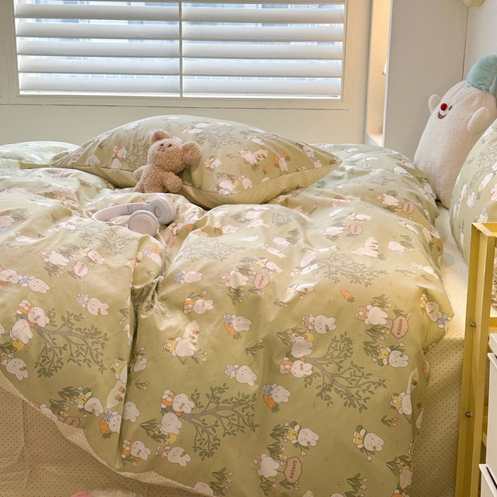 91家纺网 家纺一手货源 找家纺 昔可家纺 2024新款小清新系列全棉四件套 绿森林小兔