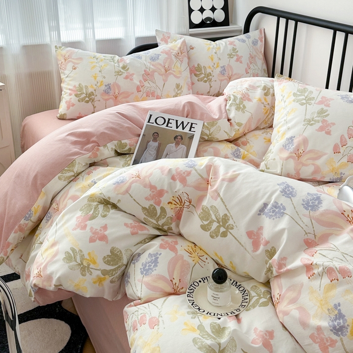 91家纺网 家纺一手货源 找家纺 简宜家居 2025新款40支13070全棉斜纹繁花系列四件套 卉芽粉