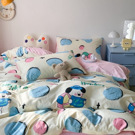 91家纺网 家纺一手货源 找家纺 昔可家纺 2024新款潮趣卡通系列全棉四件套 奶牛块狗狗