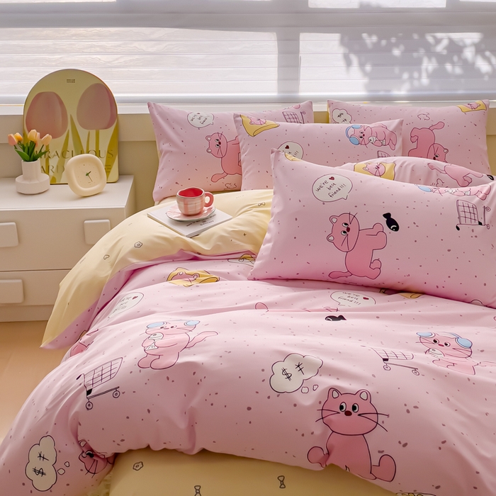 91家纺网 家纺一手货源 找家纺 金丝鸟 2024新款全棉四件套可爱卡通系列四件套 捉鱼小猫