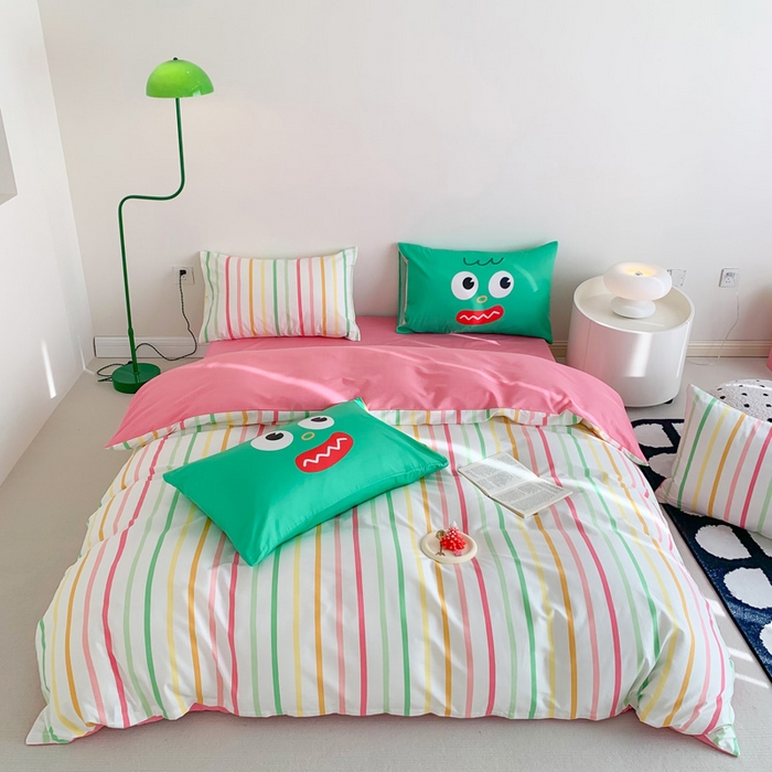 91家纺网 家纺一手货源 找家纺 澳萝拉 2024新款全棉条纹卡通大版四件套 彩虹糖