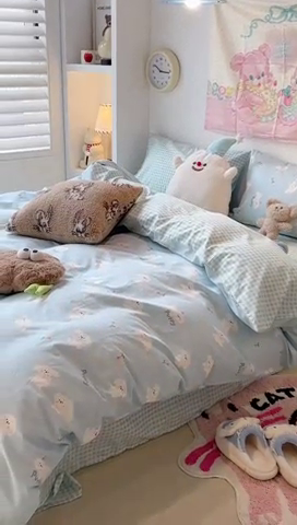 91家纺网 家纺一手货源 找家纺 昔可家纺 2024新款小清新系列全棉四件套 蓝底小奶狗