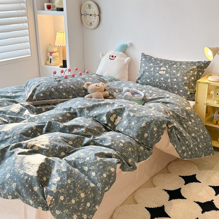 91家纺网 家纺一手货源 找家纺 昔可家纺 2024新款小清新系列全棉四件套 中古小花熊