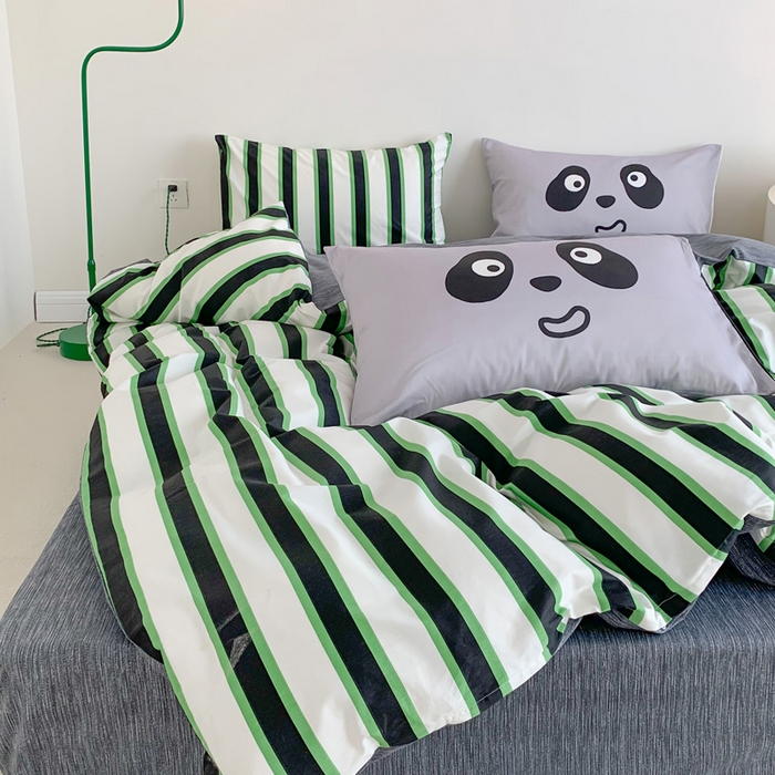 91家纺网 家纺一手货源 找家纺 澳萝拉 2024新款全棉条纹卡通大版四件套 熊猫条纹-绿