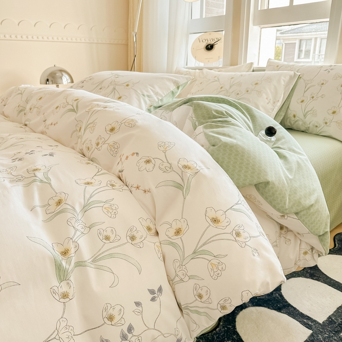 91家纺网 家纺一手货源 找家纺 简宜家居 2025新款40支13070全棉斜纹繁花系列四件套 雪滴花