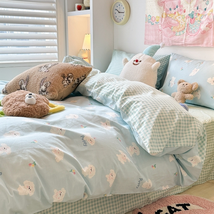 91家纺网 家纺一手货源 找家纺 昔可家纺 2024新款小清新系列全棉四件套 蓝底小奶狗