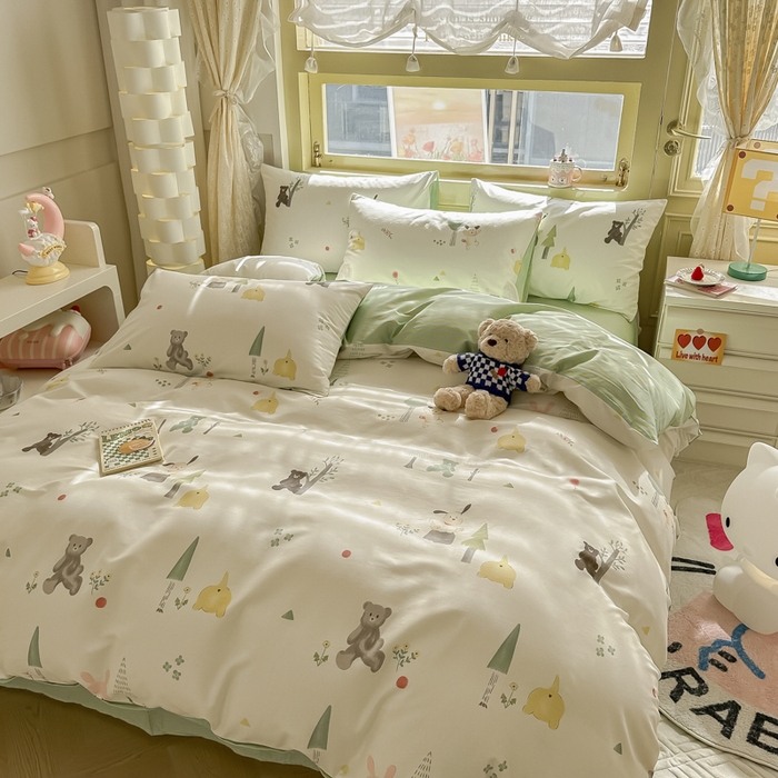 91家纺网 家纺一手货源 找家纺 简宜家居 2025新款40支13070全棉斜纹卡通系列四件套（系列二） 树呆熊