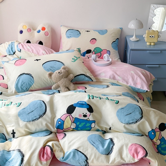 91家纺网 家纺一手货源 找家纺 昔可家纺 2024新款潮趣卡通系列全棉四件套 奶牛块狗狗