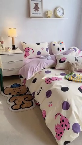 91家纺网 家纺一手货源 找家纺 昔可家纺 2024新款潮趣卡通系列全棉四件套 紫波点猫猫