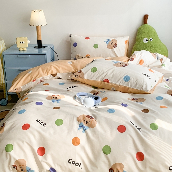 91家纺网 家纺一手货源 找家纺 昔可家纺 2023新款12月卡通全棉四件套 彩波点小狗