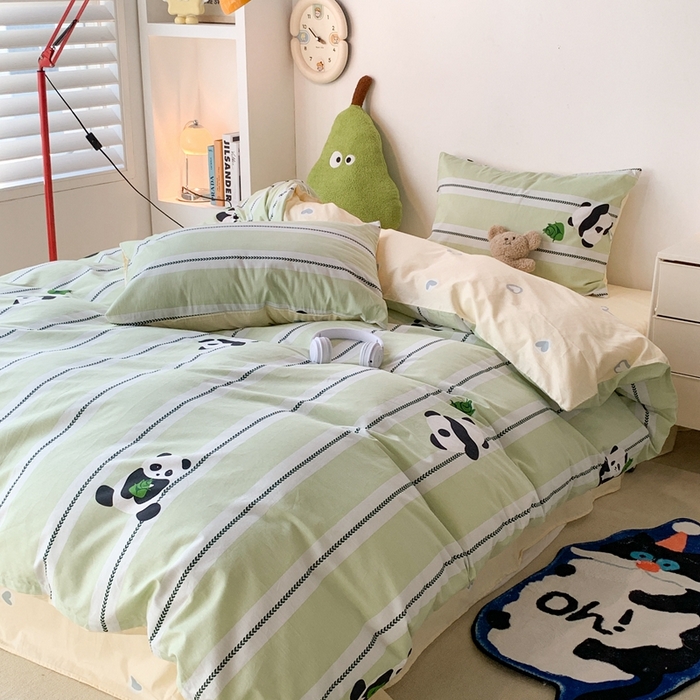 91家纺网 家纺一手货源 找家纺 昔可家纺 2024新款潮趣卡通系列全棉四件套 绿条熊猫
