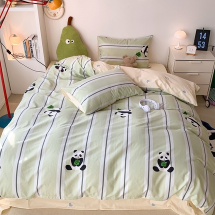 昔可家纺 2024新款潮趣卡通系列全棉四件套 绿条熊猫