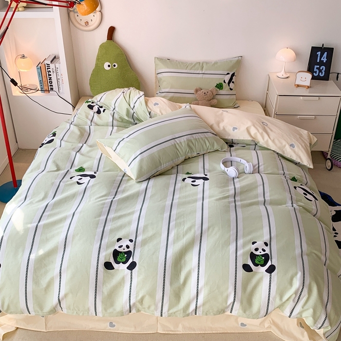 91家纺网 家纺一手货源 找家纺 昔可家纺 2024新款潮趣卡通系列全棉四件套 绿条熊猫