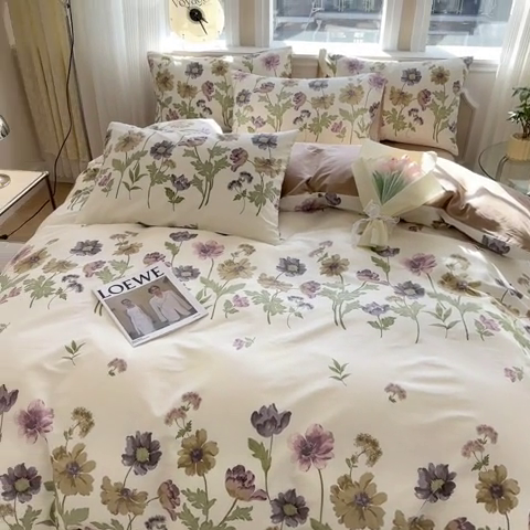 91家纺网 家纺一手货源 找家纺 简宜家居 2025新款40支13070全棉斜纹繁花系列四件套 暖阳