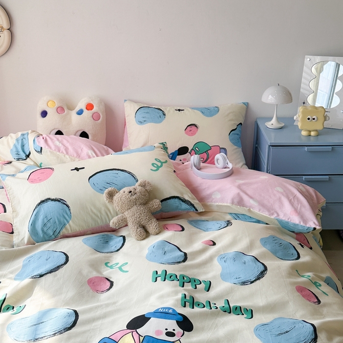 91家纺网 家纺一手货源 找家纺 昔可家纺 2024新款潮趣卡通系列全棉四件套 奶牛块狗狗