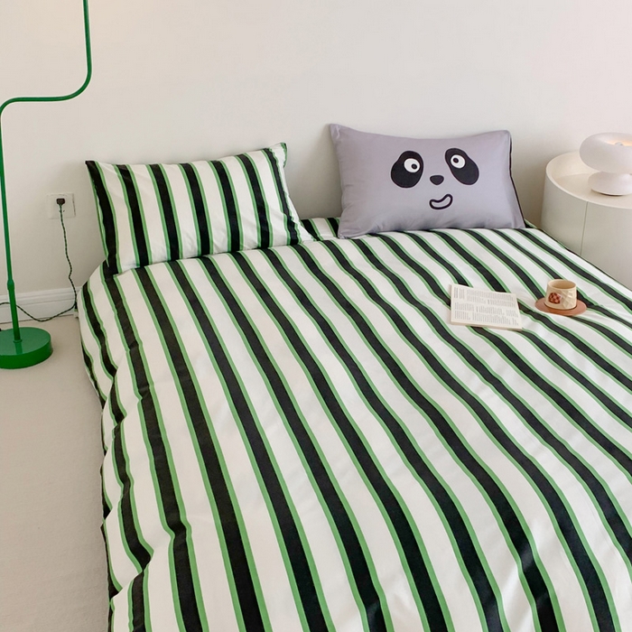 91家纺网 家纺一手货源 找家纺 澳萝拉 2024新款全棉条纹卡通大版四件套 熊猫条纹-绿