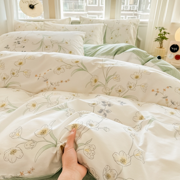 91家纺网 家纺一手货源 找家纺 简宜家居 2025新款40支13070全棉斜纹繁花系列四件套 雪滴花