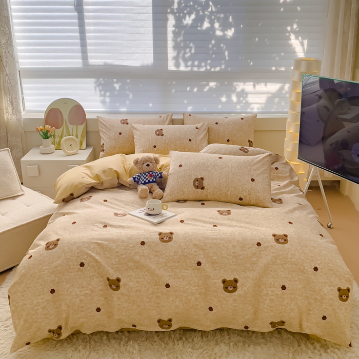 91家纺网 家纺一手货源 找家纺 金丝鸟 2024新款全棉四件套可爱卡通系列四件套 咖色波点小熊