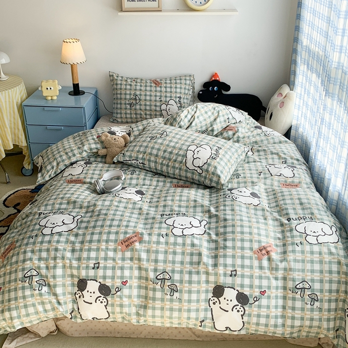 91家纺网 家纺一手货源 找家纺 昔可家纺 2023新款12月卡通全棉四件套 绿格子狗狗