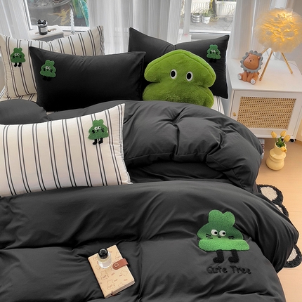 91家纺网 家纺一手货源 找家纺 尤米 2024新款ins博主风系列毛巾绣系列单被套 发财树-黑