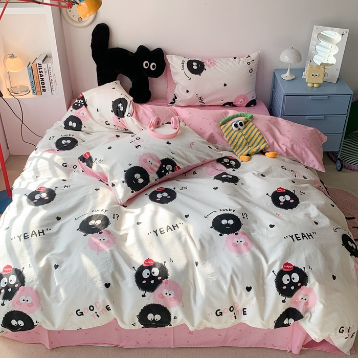 91家纺网 家纺一手货源 找家纺 昔可家纺 2024新款潮趣卡通系列全棉四件套 黑粉煤球