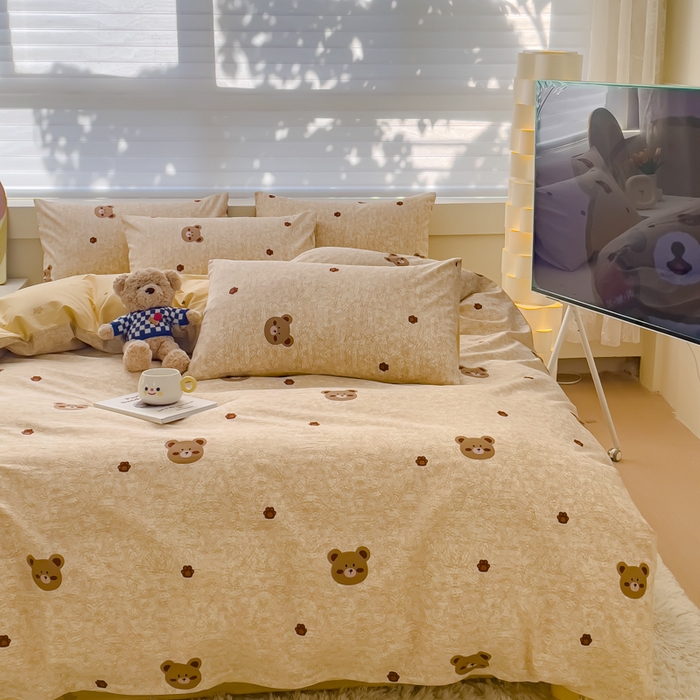 91家纺网 家纺一手货源 找家纺 金丝鸟 2024新款全棉四件套可爱卡通系列四件套 咖色波点小熊