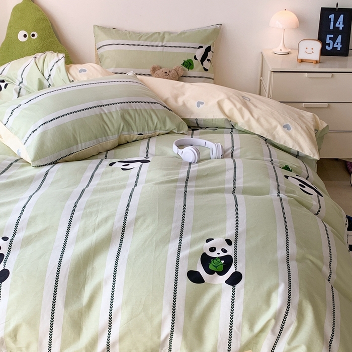 91家纺网 家纺一手货源 找家纺 昔可家纺 2024新款潮趣卡通系列全棉四件套 绿条熊猫