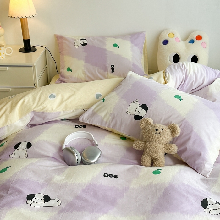 91家纺网 家纺一手货源 找家纺 昔可家纺 2024新款潮趣卡通系列全棉四件套 紫格苹果狗