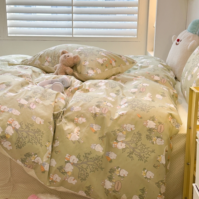 91家纺网 家纺一手货源 找家纺 昔可家纺 2024新款小清新系列全棉四件套 绿森林小兔