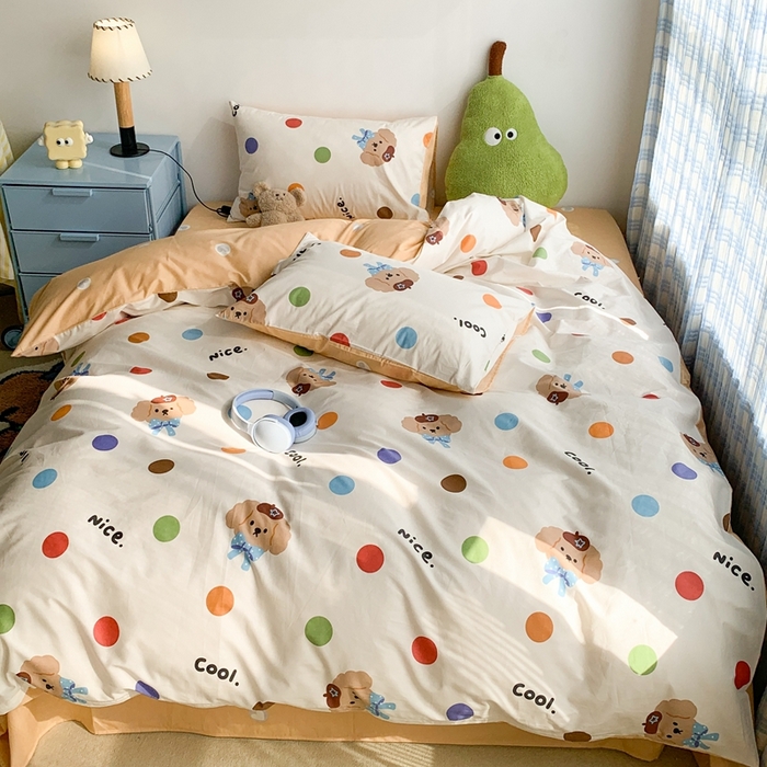 91家纺网 家纺一手货源 找家纺 昔可家纺 2023新款12月卡通全棉四件套 彩波点小狗