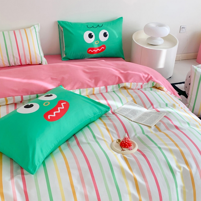 91家纺网 家纺一手货源 找家纺 澳萝拉 2024新款全棉条纹卡通大版四件套 彩虹糖