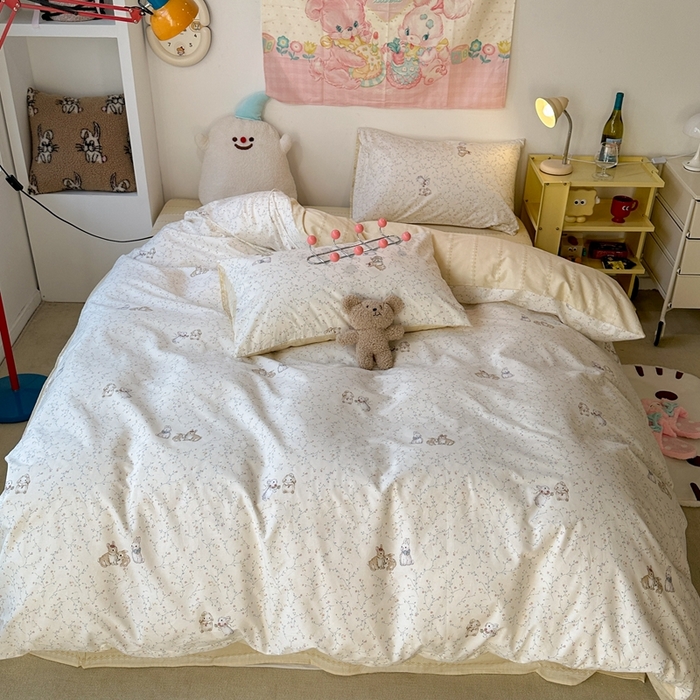 91家纺网 家纺一手货源 找家纺 昔可家纺 2024新款小清新系列全棉四件套 花枝兔